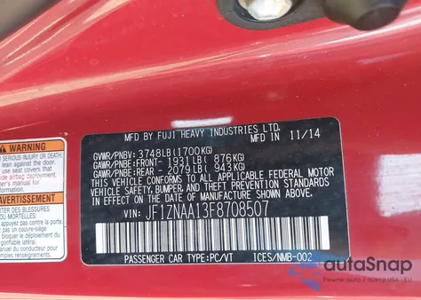 2015 Scion Fr-S z USA, uszkodzony, nr VIN JF1ZNAA13F8708507